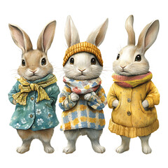 Fototapeta premium Three whimsical rabbits in colorful isolated on transparent background.