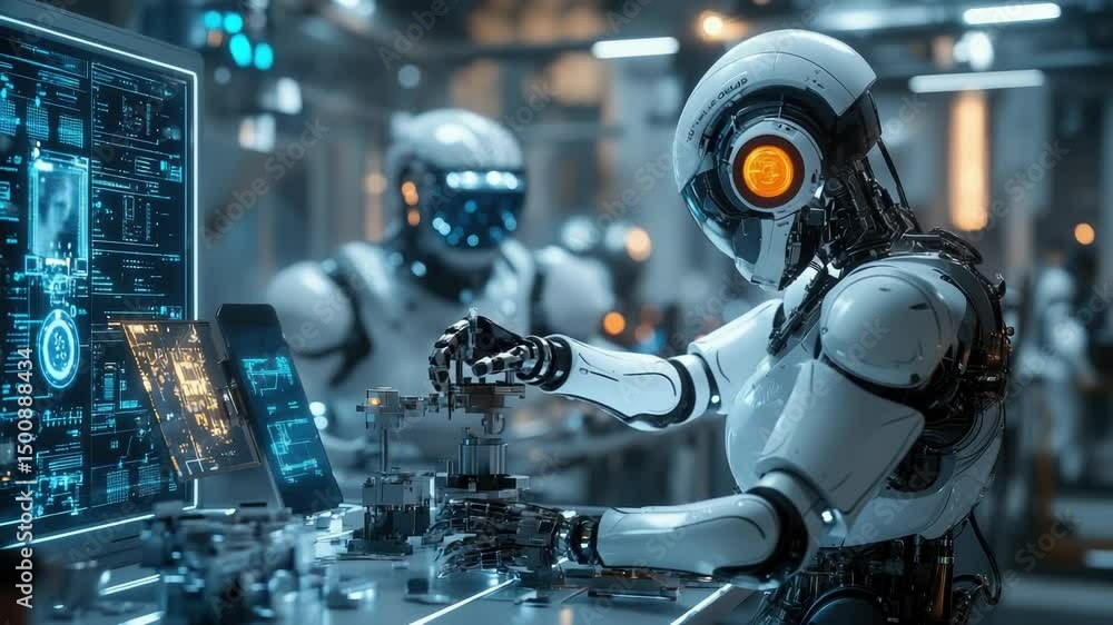Poster ai scientists develop robots in a high-tech futuristic laboratory, the latest technology of the futu