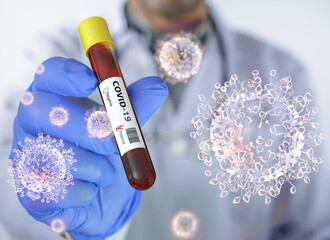 Fototapeta na wymiar LP.8.1 Variant. Doctor holds in hand the contagious virus Coronavirus Covid-19