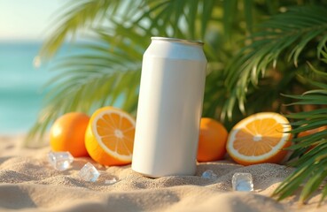 White soda can mockup at beach sand with orange slices ice cubes and palm leaves. Refreshing summer drink. Perfect for advertisement branding, presentation.