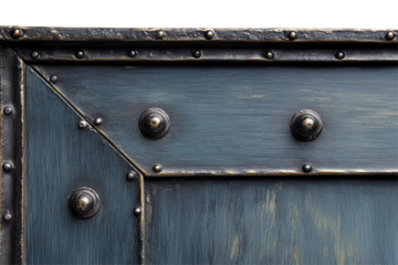 Close-up of aged, dark-gray metal panel with ornate bronze rivets