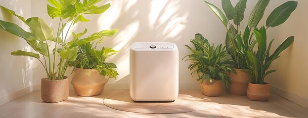 White purifier among potted plants, sunlit corner