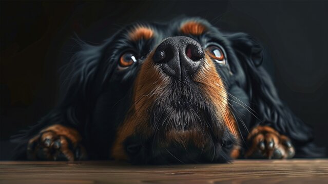 Dog with curious expression lying on wooden floor