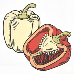 Bell pepper sliced in pencil illustration in black and white representing fresh produce and healthy eating concept