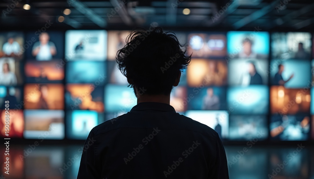 Aufkleber person observes numerous screens displaying various visuals, creating intrigue about tech, media. co