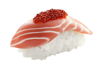 Salmon nigiri sushi with bright red roe, isolated on white transparent background, concept of traditional Japanese cuisine