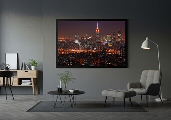 Photo of Modern Living Room with City View at Night Illuminated Decor