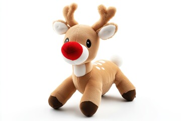 plush reindeer toy with red nose isolated on white background
