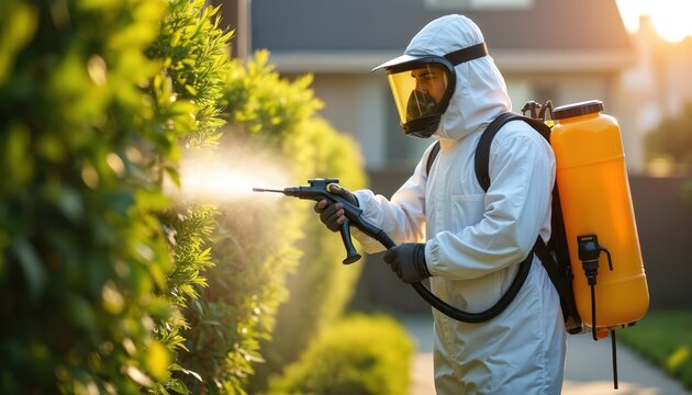 Pest control worker spraying insecticide. Professional exterminator in protective suit handles garden plants. Man with sprayer fights insects on backyard plants. Disinfection, deratization service.