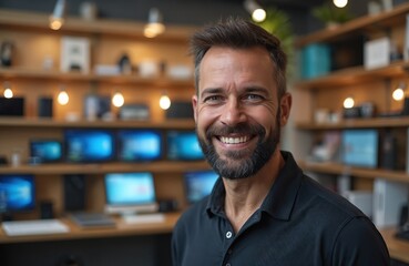 Fototapeta premium Portrait of smiling tech-savvy entrepreneur in electronics store. Happy small business owner, retailer poses in front of tech shelves with computers, screens. Concept of online local business,
