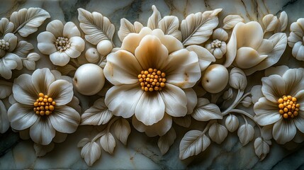 Floral marble relief with detailed carvings of leaves, buds, and blossoms in a creamy, ivory tone