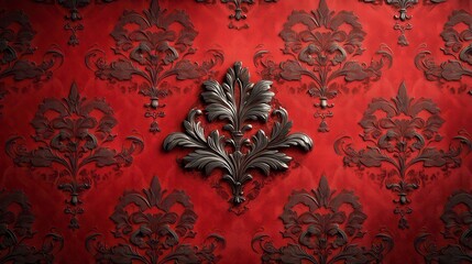 Red patterned wallpaper with dark raised floral ornamentation; repeating motifs