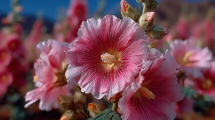 Stunning close-up of vibrant pink hollyhock flowers against a blurred background, showcasing the delicate details of nature.
