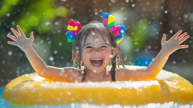 Young girl is in a yellow inflatable pool, laughing and splashing water. Concept of joy and playfulness, as the child enjoys her time in the pool