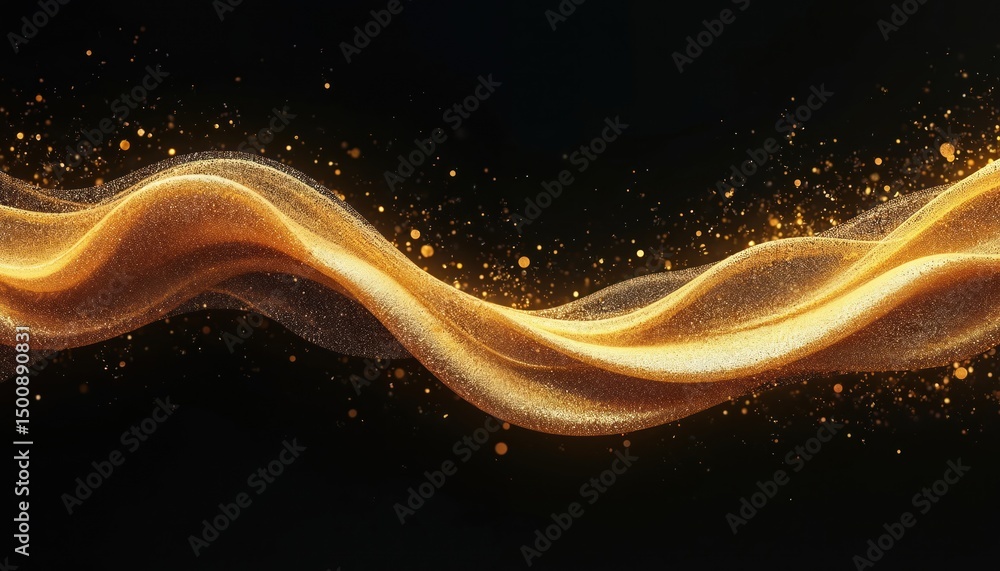 Aufkleber Abstract golden wave with glitter sequins isolated on black background. Dynamic flow of light. Fluid gold particle effect. Glamour, luxury, holiday, new year, Christmas concepts.