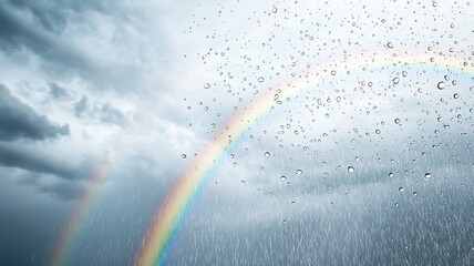 Vibrant Rainbow Through Rain Covered Window with Stormy Sky rain rainbow sky window vibrant stormy