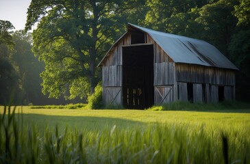 Obraz premium rustic wooden barn surrounded by lush greenery in tranquil countryside setting