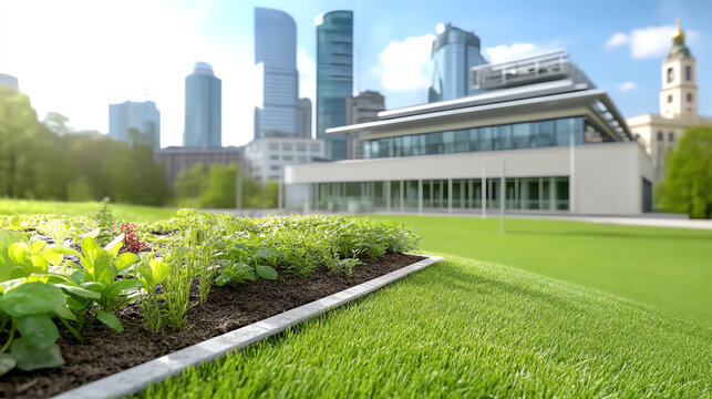 Modern building backdrop with vibrant green garden in a cityscape, blending nature and architecture harmoniously.