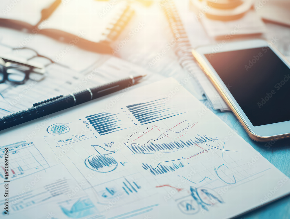 Poster business data analysis: close-up view of a workspace, filled with graphs, charts, and a smartphone t