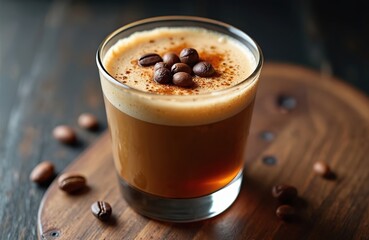 Carajillo coffee cocktail served on rustic wood table. Espresso, vanilla liqueur mix. Classic Spanish hot drink with coffee beans, foam. Refreshing beverage, delicious dessert.