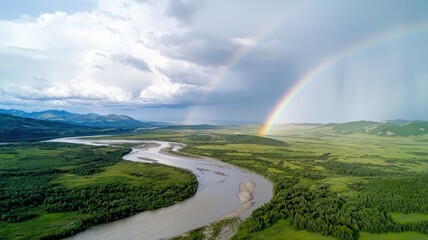 Obraz premium Spectacular Double Rainbow Over Winding River Valley river rainbow valley winding landscape nature