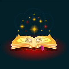 The magic book. The process of activating the spell. Vector illustration in cartoon style