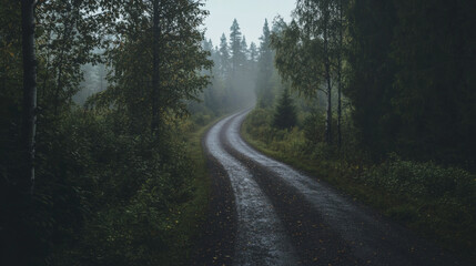Obraz premium Misty Forest Road in the Rain