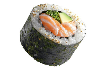 Sushi roll Maki with salmon, avocado, cucumber and rice wrapped in seaweed, isolated on white transparent background, concept of Japanese cuisine