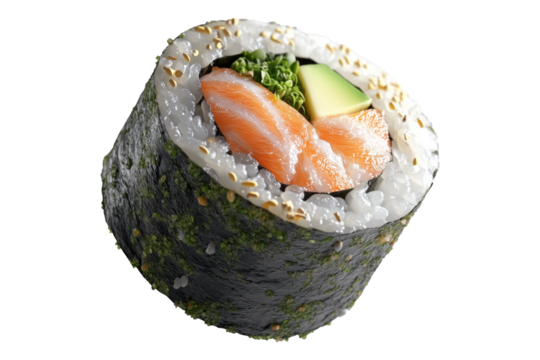 Sushi roll Maki with salmon, avocado, cucumber and rice wrapped in seaweed, isolated on white transparent background, concept of Japanese cuisine