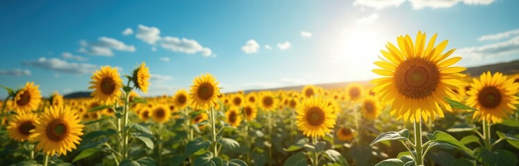 Fototapeta premium Sunflower field blooms under clear blue sky at midday. Bright sun casts warm glow on flowers. Summer season, nature background, floral design, agriculture. Ideal for travel blogs, eco projects, agri