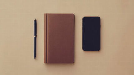 Essentials for Everyday Use: The image showcases a meticulously arranged composition featuring a sleek smartphone, a sophisticated pen, and a refined notebook.