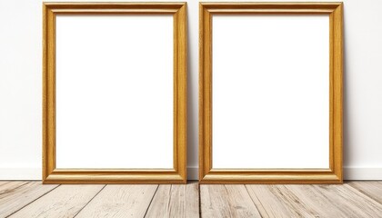 Fototapeta premium Two Blank Gold Frames on a Wooden Floor, Minimalist Home Decor Concept, Mockup for Design