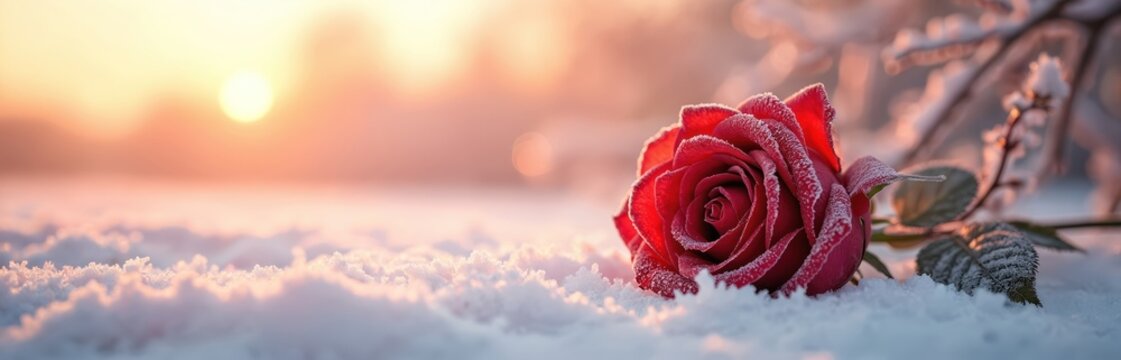 Red rose covered with frost on white snow background. Winter floral nature, valentine day concept. Fresh red flower petals with ice. Festive, romantic, holiday decoration.