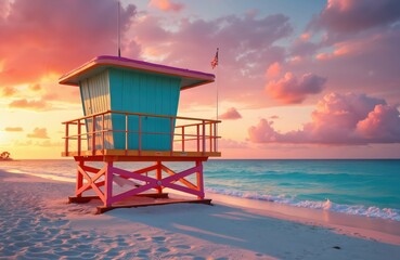 Colorful Miami Beach lifeguard tower at sunset. Orange pink teal colors, american flag waving. Coastal rescue station on sand, ocean sea waves, colorful sky reflecting on water. Travel vacation