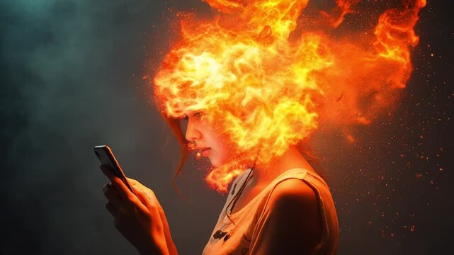 Young woman looking at smartphone as her head explodes into fiery fragments in symbolic burnout
