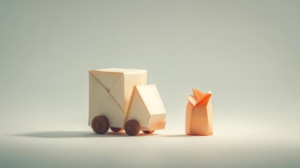 Origami Paper Truck and Boxes in Minimalist Style on White Background