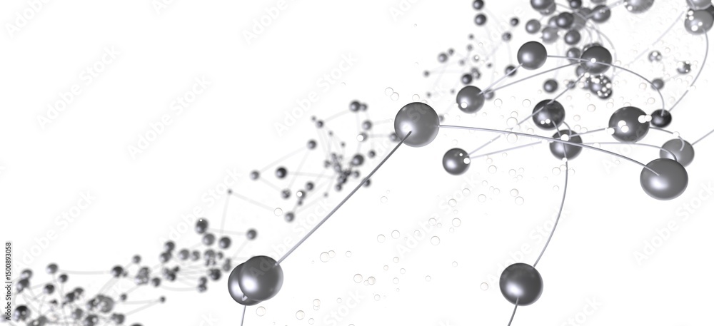 Poster High-quality stock photo of an abstract network connection, featuring silver spheres and thin lines on a white background. Ideal for technology, connectivi
