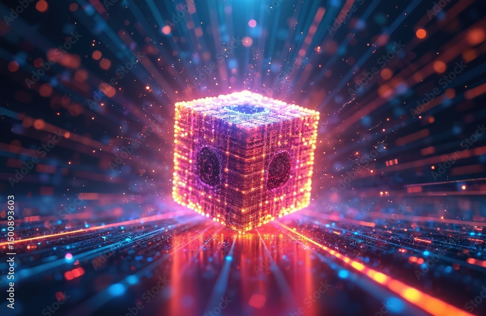 Aufkleber Futuristic illustration quantum computing, tech advancements. Cube structure, vibrant color dots, represents central processing unit, future technology, data processing, cyberspace, machine learning.