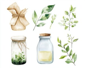 Watercolor Botanical Illustrations of Leaves and Glass Jars