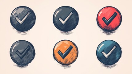 Tick mark symbols Six sketched circular buttons with check icons in various colors