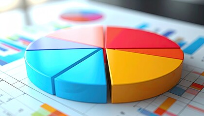 Obraz premium Colorful pie chart rendered above graphs with blue, orange, red, and pink sections