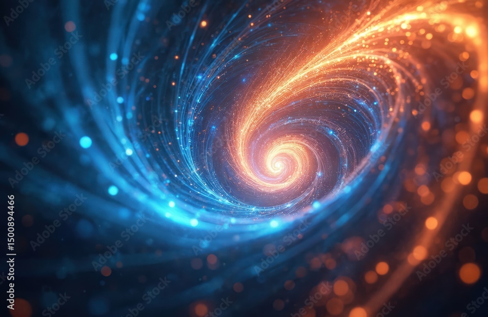 Poster Abstract swirling energy vortex with blue orange hues. Dynamic lines create spiral motion, representing technology science concept. Suitable for data visualization, futuristic design, digital art.