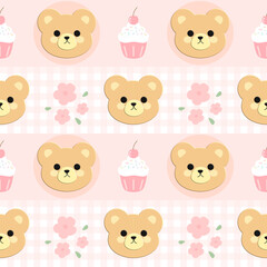 seamless pattern with bear cupcake and flowers 