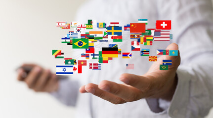 Image of diverse flags interconnected, symbolizing global collaboration, networking, and...