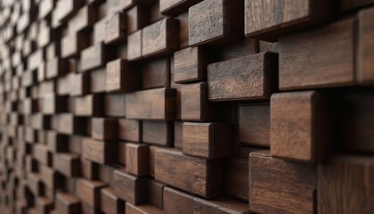 Close-up dark color wood cubes stack background. Modern wooden material texture abstract background. Rustic interior decor element. Perfect for design project, architecture visualizations.