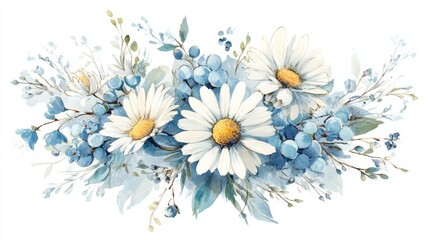 Beautiful Floral Arrangement of White Daisies and Blue Berries