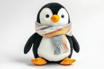 penguin plush toy wearing a scarf isolated on white background