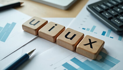 Wooden cubes spelling UIUX word lay on charts. Pen calculator near. UIUX design, user interface, user experience, web design, app development, business tech concept.