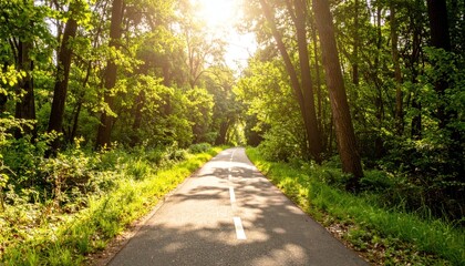 Fototapeta premium Forest road through dense trees, sunlight shining through. White line divides the asphalt path