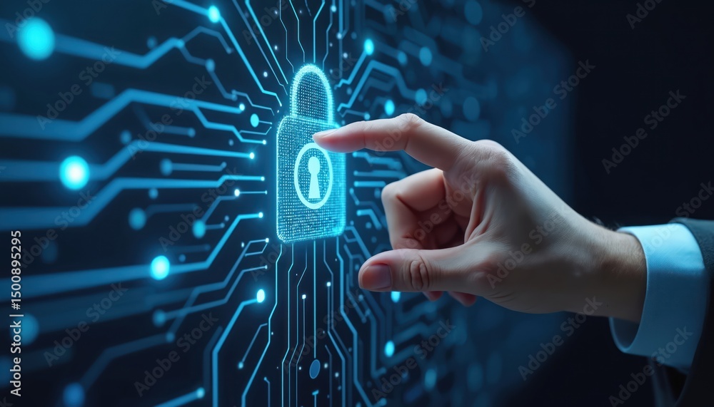 Aufkleber Businessman hand touching digital padlock. Cyber security network data protection privacy. Finger press on secure icon. Internet tech access cyberspace. Security concept.